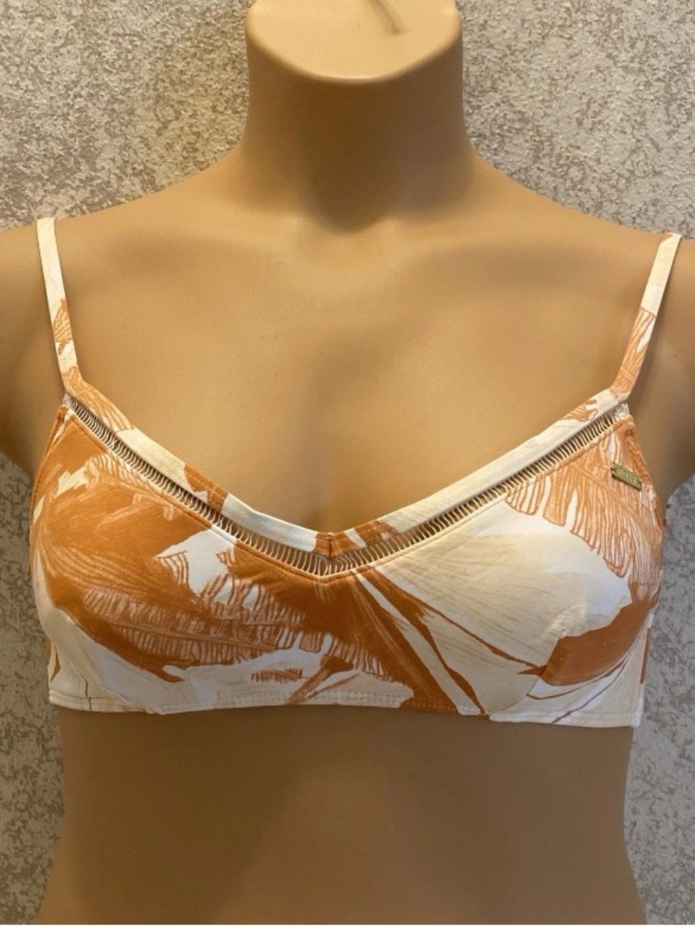 Roxy Orange and White Leaf Printed Bikini Top